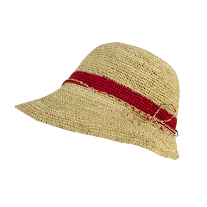 Chapeau casquette femme en raphia naturel et rouge