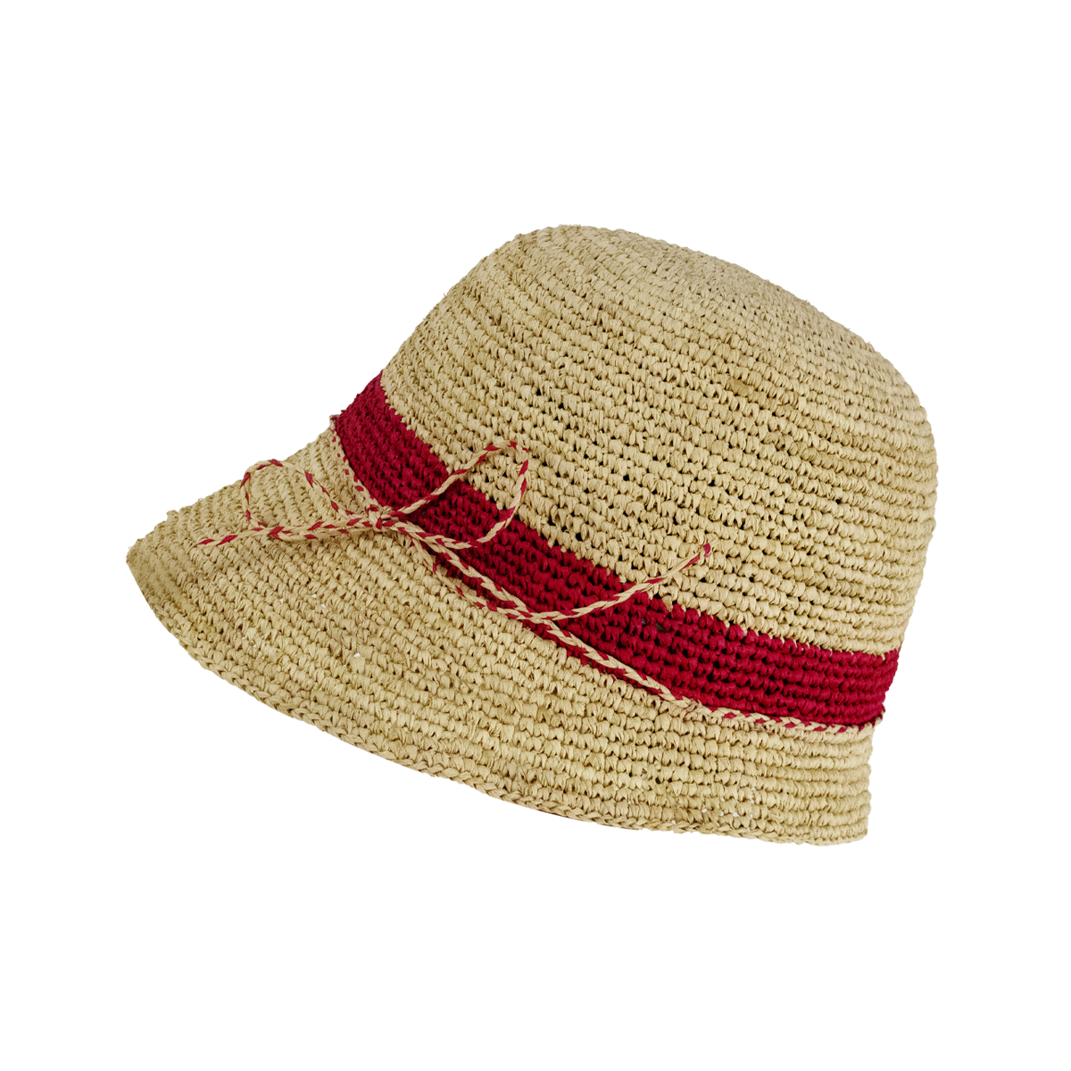 Chapeau casquette femme en raphia naturel et rouge